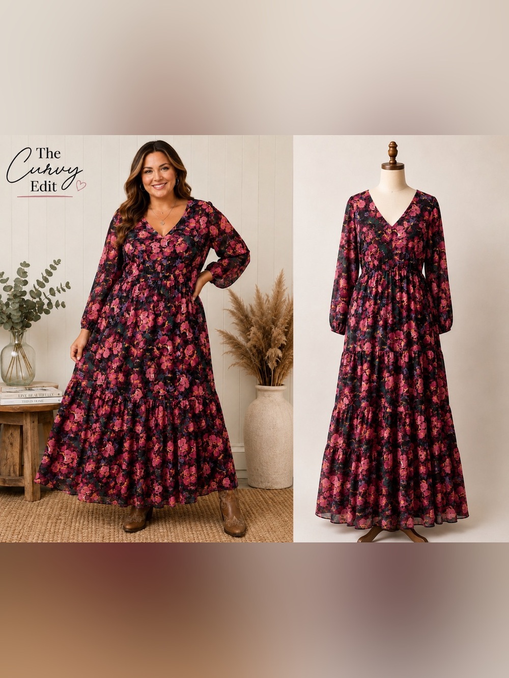 Jessica Simpson 3X Floral Maxi Dress | Boho Tiered Long Sleeve | Fall Western